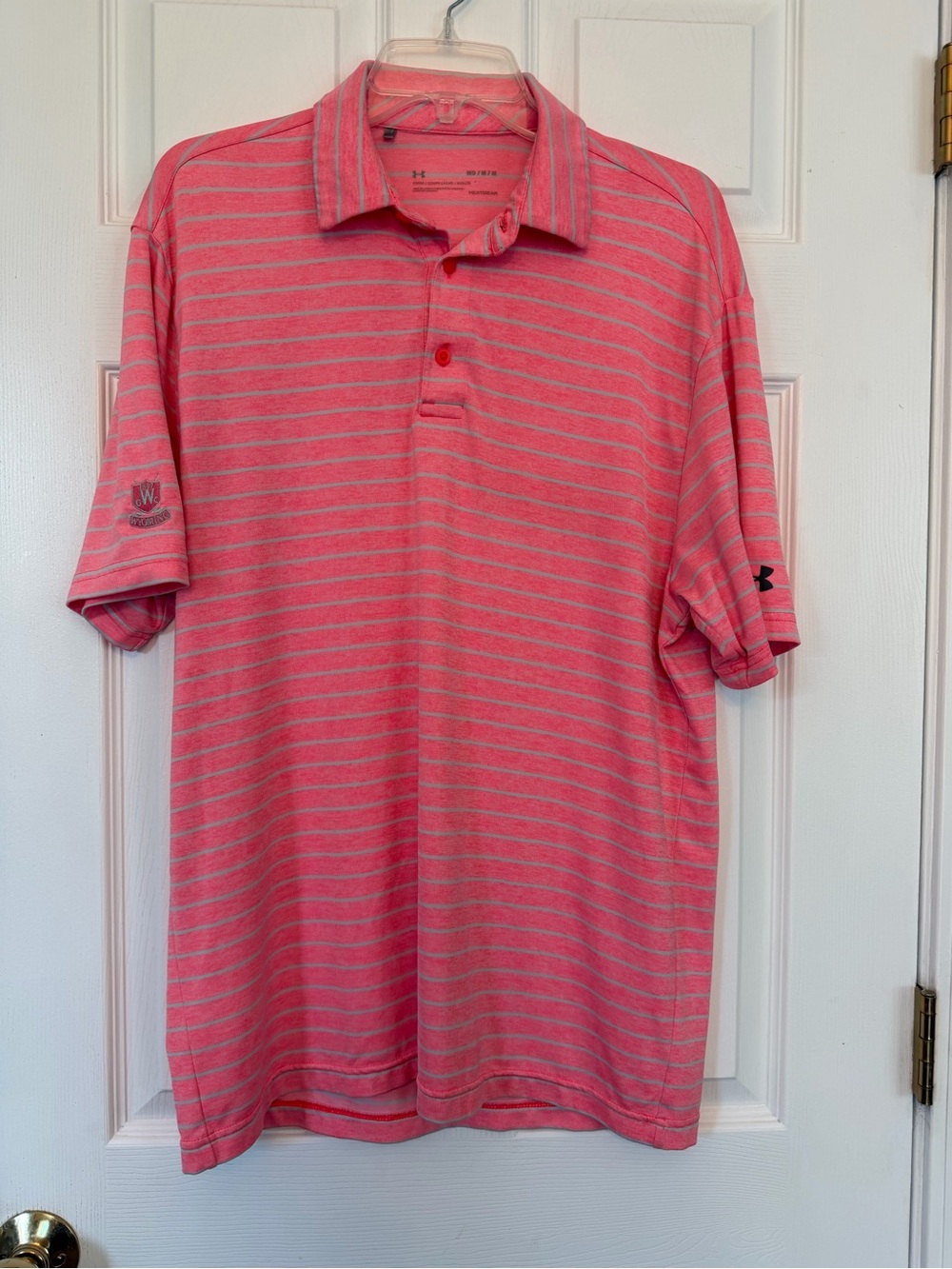 Under Armour Men’s Pink Striped Polo Shirt. XL. Wyoming Golf Club